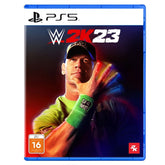 WWE 2K23 game cover for PS5 with a player in a green shirt and green wristband.